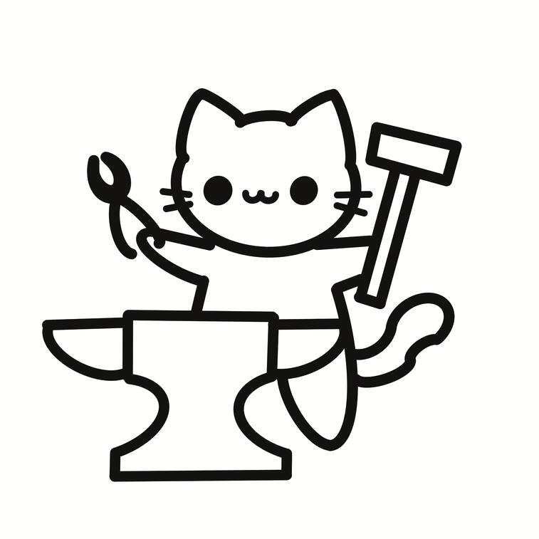 Cat's Foundry logo depicting a cat working on an anvil with tongs and a hammer